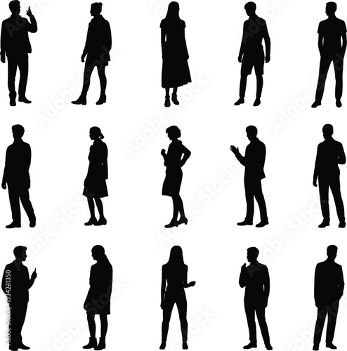 "Silhouettes of men and women in various thoughtful and standing poses, isolated on white background for design, business, and presentation use"