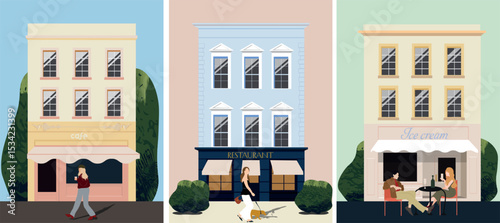 poster set Illustration of a urban street with ice cream cafe, restaurant shop, cafe. People walking and talking. Ideal for websites, blog headers, social media, and editorial use.