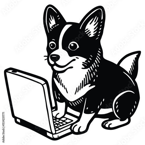 Cute corgi dog working on a laptop, vector 