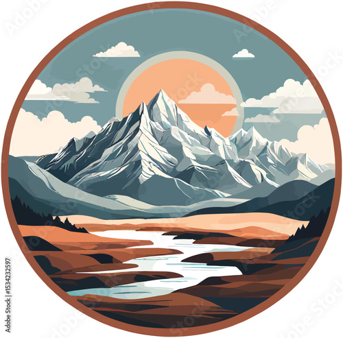 Snowcapped Mountain Peak River Valley Sunset Minimalist Landscape Circular Design vector