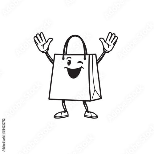 Vector art of a cheerful shopping bag character winking and waving, isolated on white background