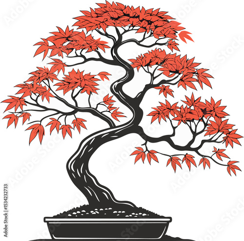 Crimson maple tree autumnal elegance bonsai vector illustration icon.