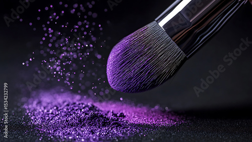 Close up of makeup brush releasing purple eyeshadow powder against black backdrop