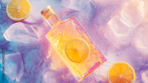 A bottle of citrus-infused beverage surrounded by ice cubes and lemon slices, set against a vibrant purple background.