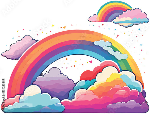Vibrant Rainbow Arch Pastel Clouds Confetti Pixel Art Style Illustration vector
