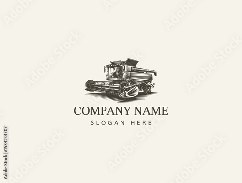 Vintage Engraved Combine Harvester Logo Design Agriculture Machinery Illustration