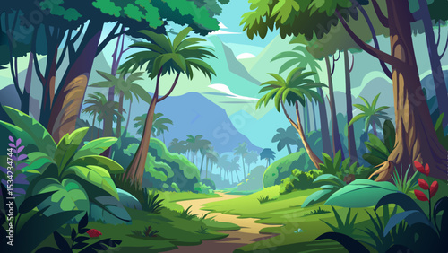 Tropical Jungle Landscape with Mountains and Lush Green Foliage Illustration
