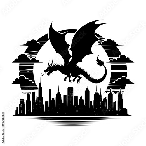 Silhouette of dragon flying over cityscape