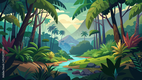 Tropical Jungle Landscape with Mountains and Lush Green Foliage Illustration