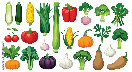 Colorful Vegetables Isolated Illustration Corn Zucchini Garlic Pepper And Broccoli
