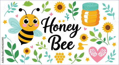 Cute Cartoon Honey Bee With Sunflowers Honey Jar Vector Design