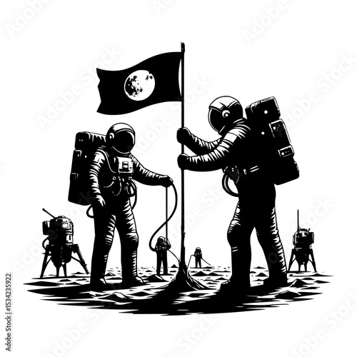 Astronauts planting flag on moon surface