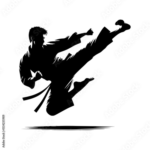 Martial arts silhouette powerful kick action