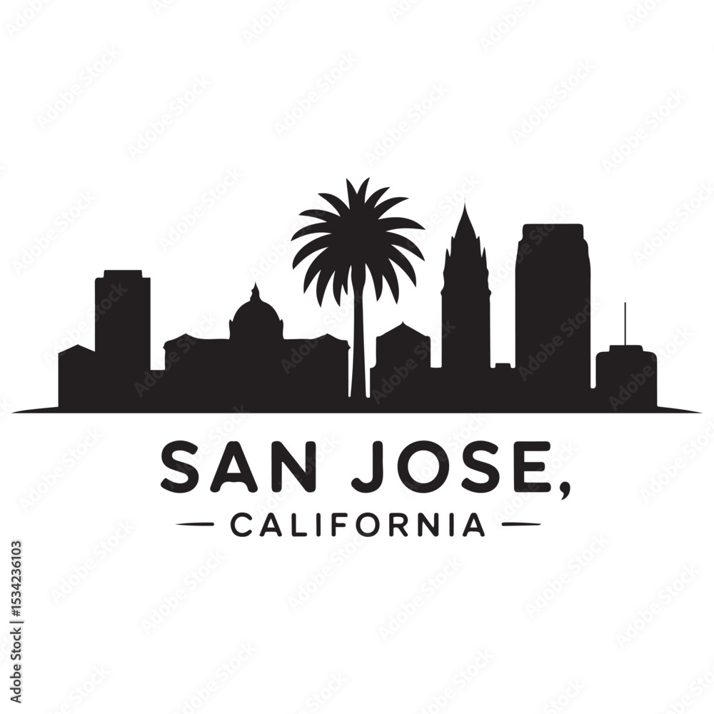 Fototapeta premium San Jose skyline horizontal banner. San Jose, California. Vector template for your design. Vector black silhouette. with white background