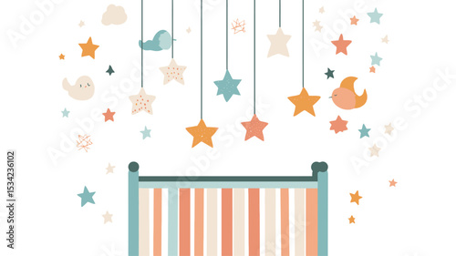 A digital illustration depicting a baby crib with vertical orange and beige stripes. Above the crib is a mobile featuring  hanging stars and crescent moons in pastel orange, yellow, and light blue