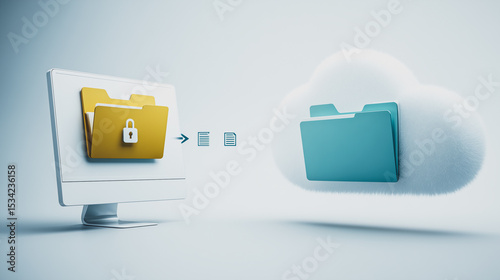 Digital data transfer: A graphic representation of data security, with a locked folder transferring files to a cloud storage icon, alluding to data protection, backup, and secure cloud computing. photo