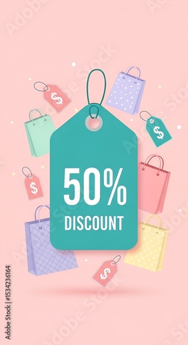 Vector illustration promoting a fifty percent discount sales offer on shopping bags and price tags