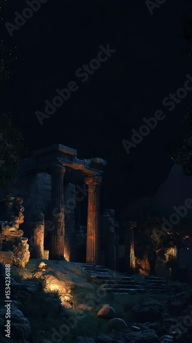 Ancient ruins of Greek city: majestic columns of surviving building standing tall under stormy sky — dramatic clash of time and elements.