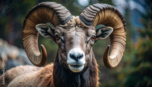 primer plano de un carnero cimarrón con grandes cuernos. El animal tiene un pelaje marrón rojizo, una cara blanca y ojos ámbar photo