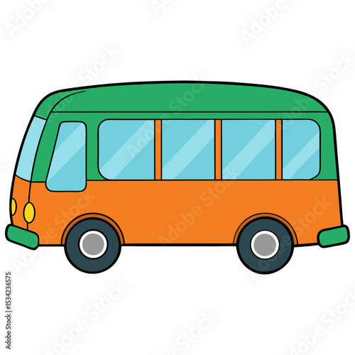 Cartoon green orange bus vector illustration side view. Bright and friendly city in playful style. Perfect for kids’ books, games, education, or transport-themed projects. Isolated on white.