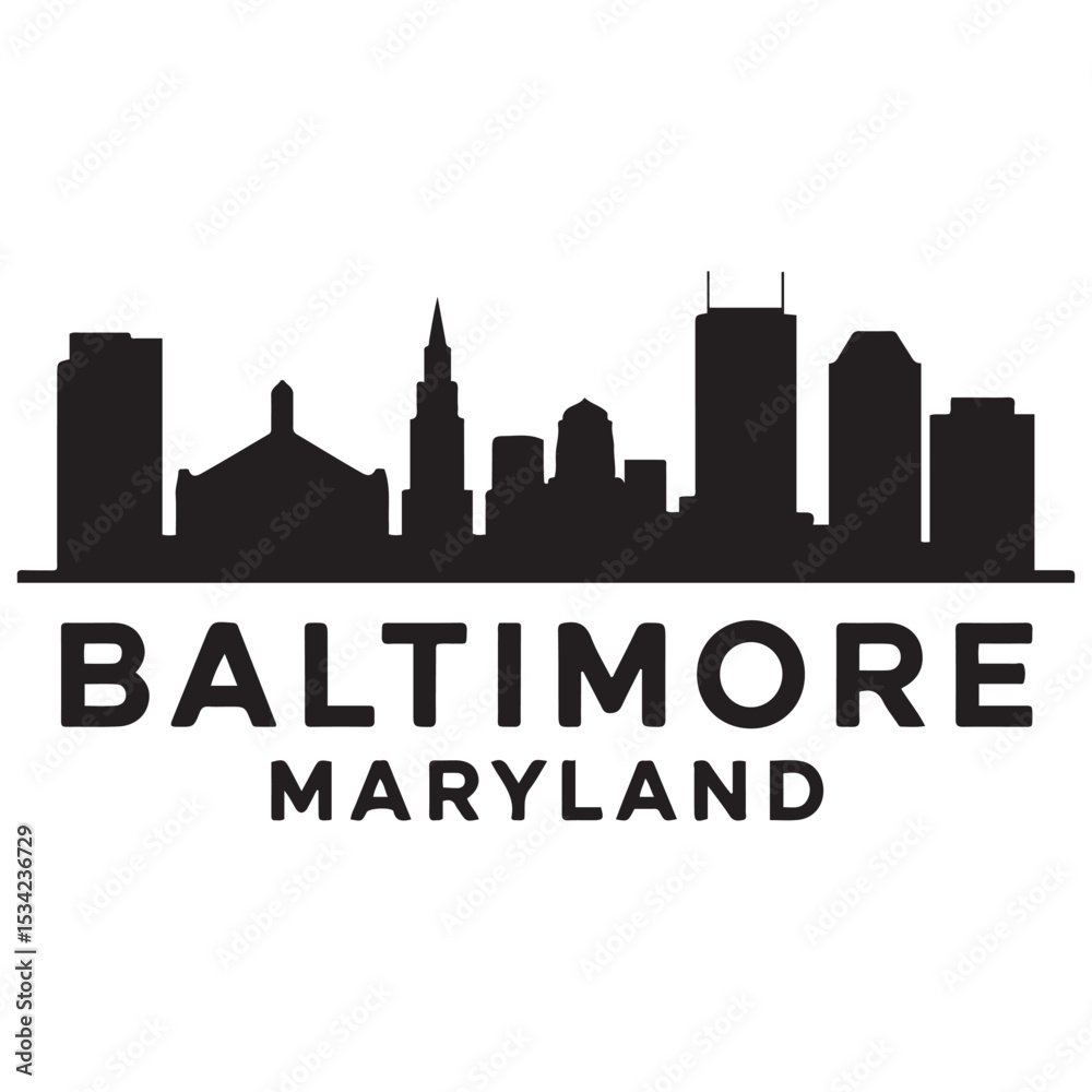 Fototapeta premium Baltimore skyline horizontal banner. Baltimore, Maryland. Vector template for your design. Vector black silhouette. with white background