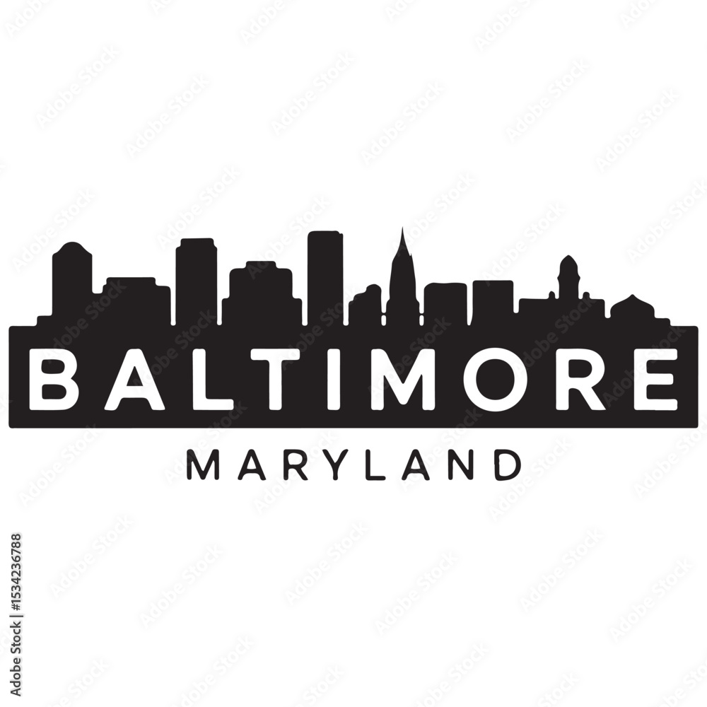 Fototapeta premium Baltimore skyline horizontal banner. Baltimore, Maryland. Vector template for your design. Vector black silhouette. with white background