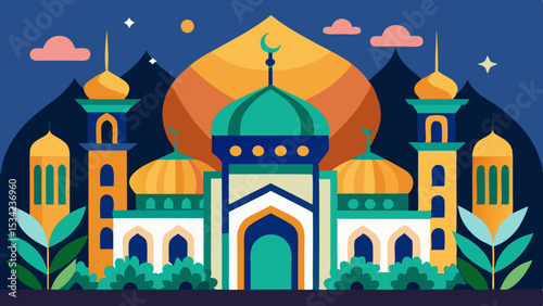 Beautiful Islamic Mosque Illustration with Crescent Moon and Domes