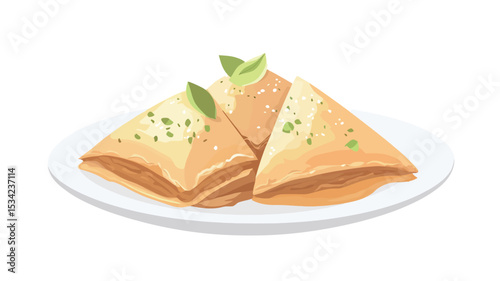 A digital illustration depicts three triangular pieces of baklava arranged on a simple white plate. The baklava appears golden brown and layered, with visible hints of nuts and a glistening