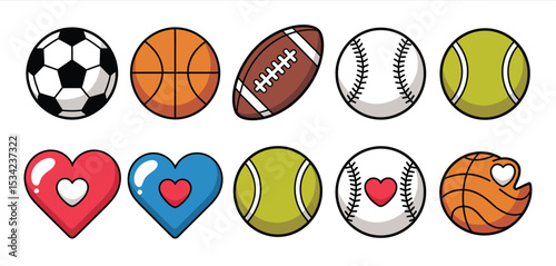 Cute Cartoon Sports Balls with Hearts Illustration
