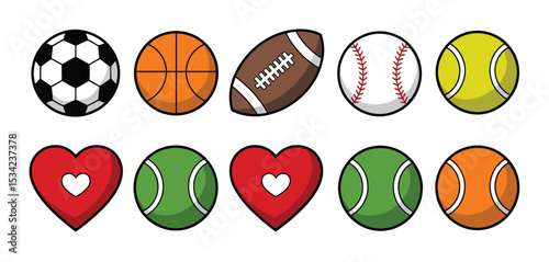 Cartoon Sports Balls and Hearts Graphic Design Elements