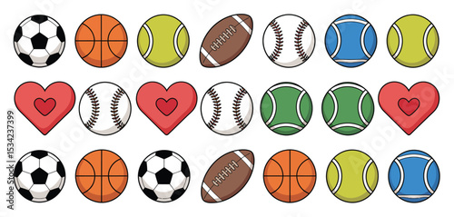 Collection of Cartoon Sports Balls and Hearts