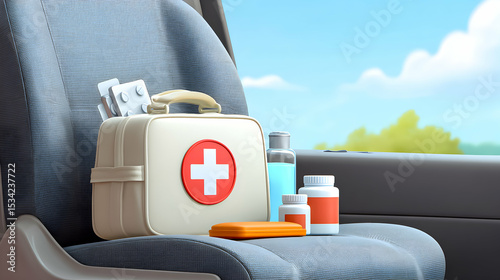 First aid kit on car seat ready for emergencies in bright daylight outdoors
