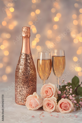Celebration with sparkling wine and fresh roses in a cozy setting