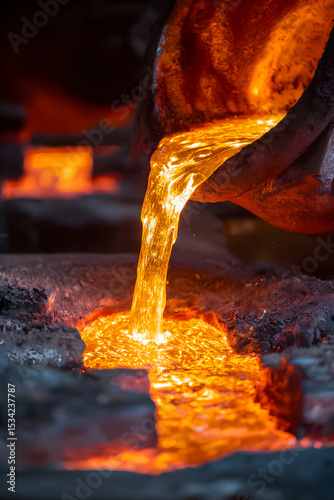 Molten metal pours into cast at industrial foundry during late afternoon