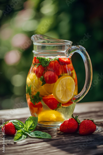 Refreshing fruit-infused beverage with strawberries and lemons on a sunny afternoon