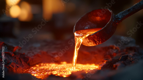 Molten metal being poured into a cast at a foundry during the evening, showing craftsmanship and industry in action
