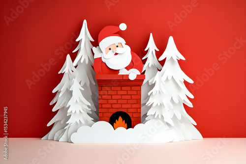 Creative holiday decoration featuring Santa Claus coming out of a chimney with snowy trees on a bright red background