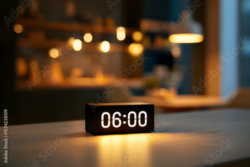 Digital clock displays six o'clock in a cozy kitchen with warm lighting and a homey atmosphere