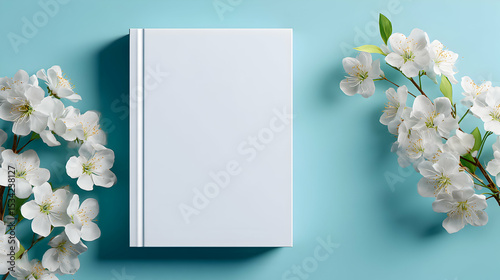 White blank book surrounded by fresh white flowers on a calm blue background
