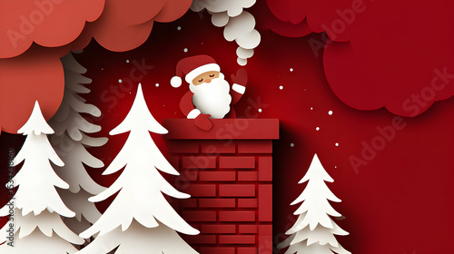 Santa Claus delivering joy from the chimney in a festive winter wonderland with playful clouds