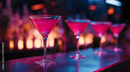 Colorful cocktails line a sleek bar at a trendy nightlife venue in the evening