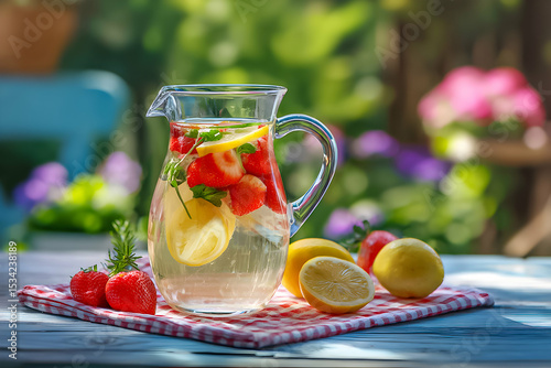 Refreshing fruit beverage served in a pitcher during a sunny outdoor gathering in a garden setting
