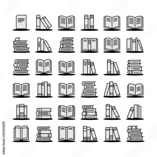 Collection of various book icons depicting stacks open books and book sets for education