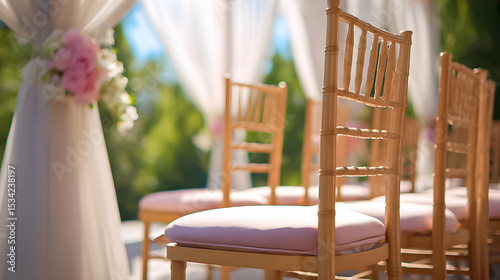 Wedding ceremony setup with elegant chairs and floral decorations in a beautiful outdoor venue