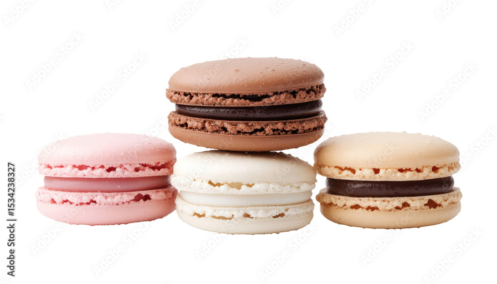 Four colorful macarons in a row, with pink, white, brown, and beige filling. Four colorful macarons in a row, with pink, white, brown, and beige filling.