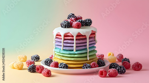 Colorful pancake stack topped with fresh berries and icing showcases a delicious treat at a vibrant dessert display