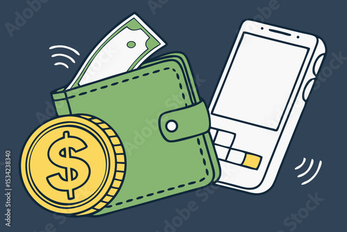 Digital wallet and smartphone with dollar symbol for mobile payment concept