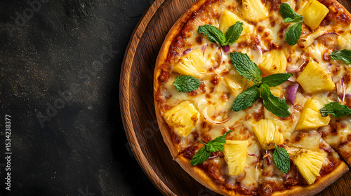 Delicious tropical pizza topped with pineapple and mint leaves served on a rustic wooden board