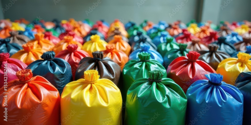 Fototapeta premium A vibrant collection of colorful, shiny, tied sacks arranged in a captivating display.