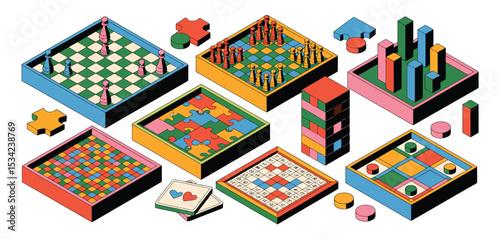 Colorful isometric illustration of various board games and puzzles